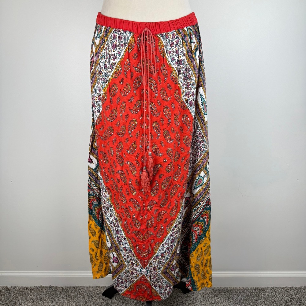 Angie Womens Red Multi Paisley Patchwork Tassel Metal Drawstring Maxi Skirt Boho - Picture 2 of 7